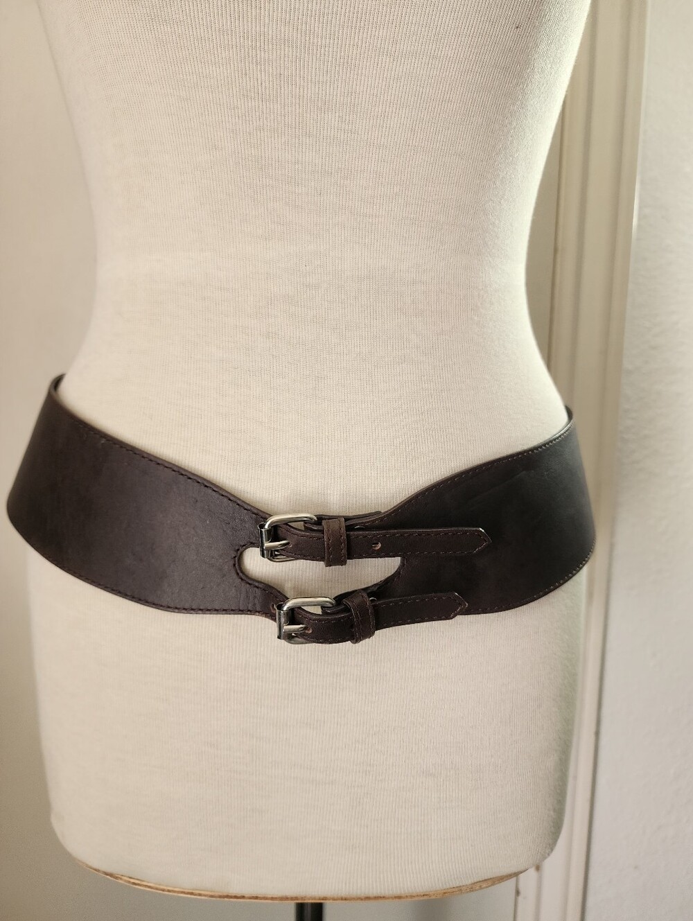 Italian Genuine Leather Wide Corset Waist Belt Double Buckle Brown Size 46
